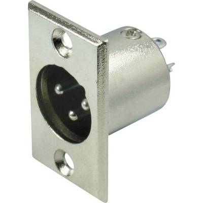 Metallene XLR-Steckdose mit drei Kontakten, an einer Montageplatte befestigt.