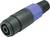 Ein schwarzer, zylindrischer Stecker mit blauen Details auf weißem Hintergrund. Geeignet für Audioverbindungen.