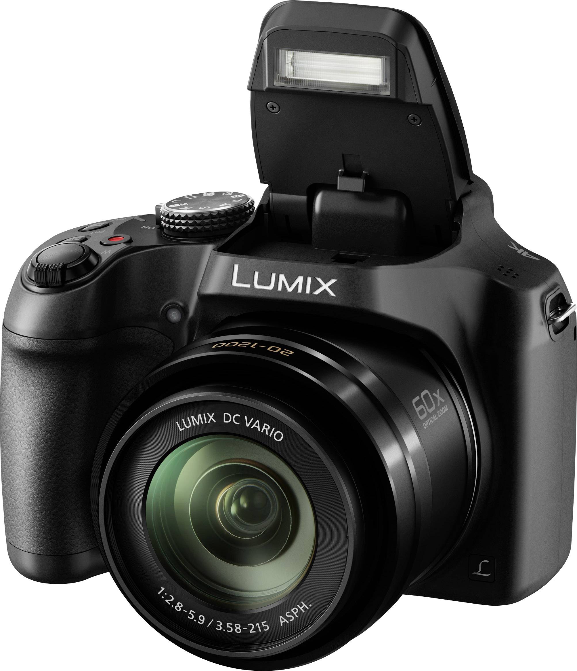 Lumix-Kamera mit ausgefahrenem Blitz, detaillierte Objektivbezeichnung sichtbar; geeignet für Fotografie-Enthusiasten.