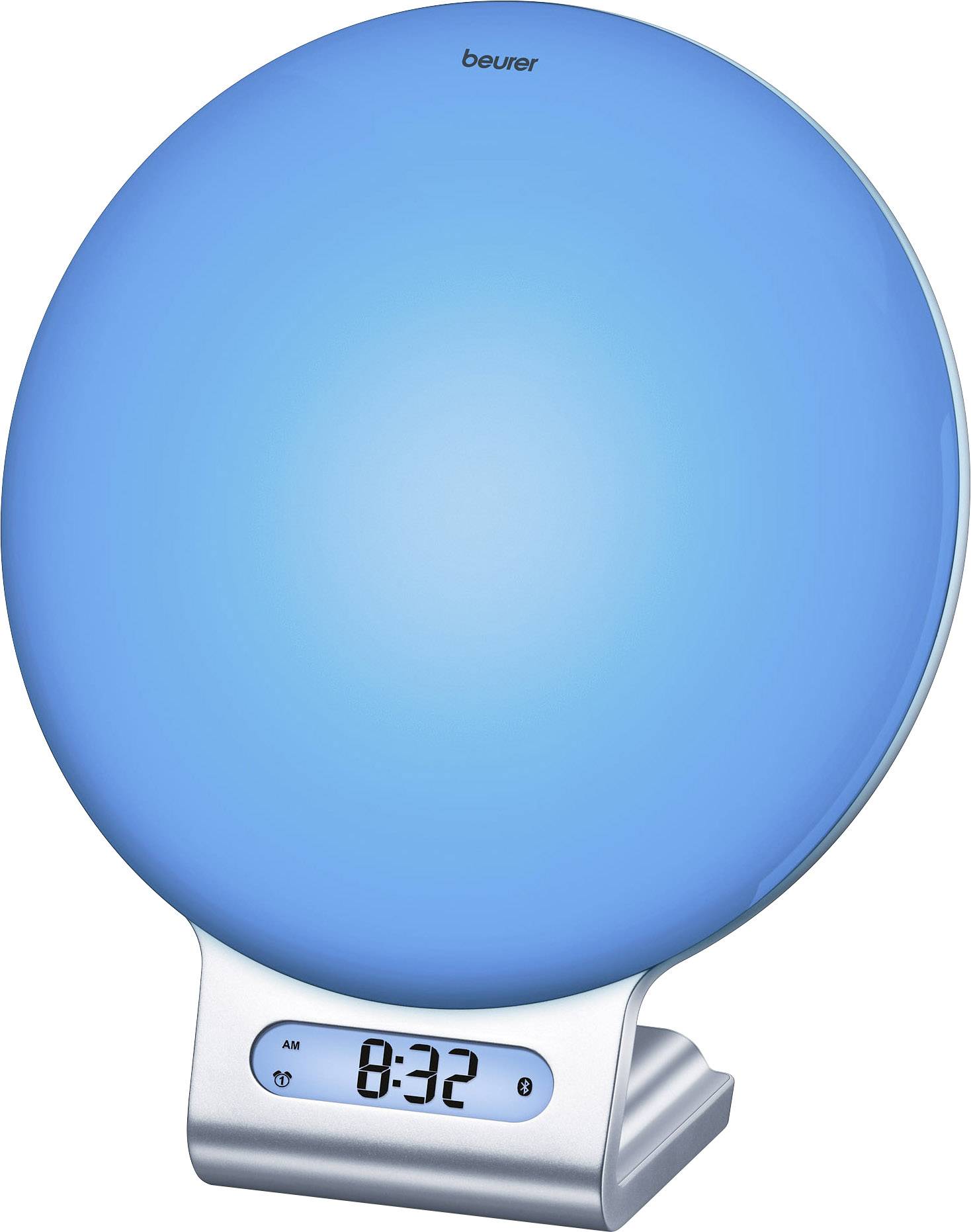 Ein runder Lichtwecker mit blauem Leuchtschirm zeigt die Uhrzeit 8:32 auf einem digitalen Display an.