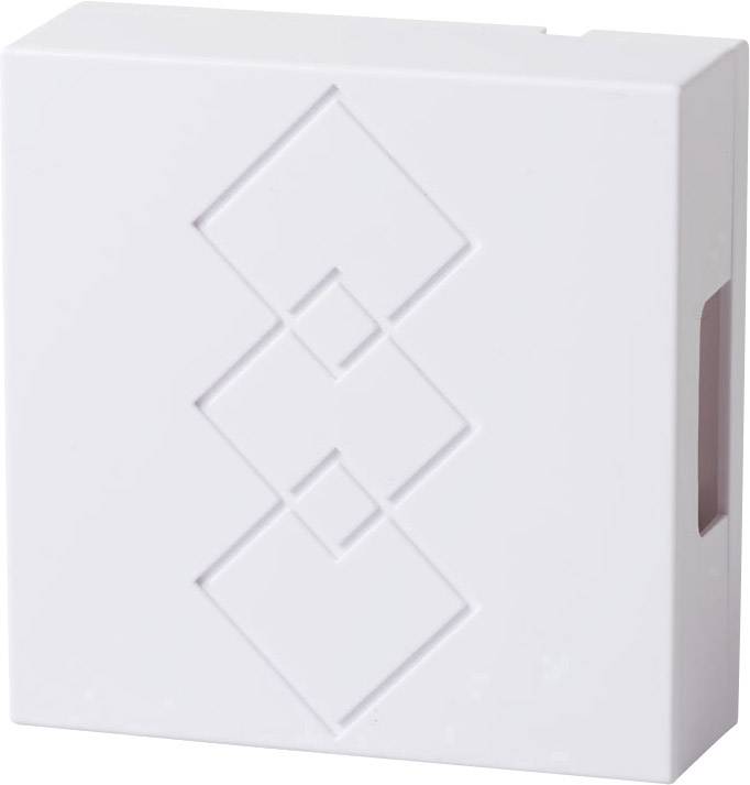 Weiße Box mit geprägtem geometrischem Muster aus ineinandergreifenden Quadraten.