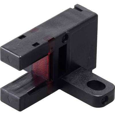 Ein schwarzer optischer Sensor mit rechteckigem Gehäuse und rotem Licht, montiert auf einer flachen Basis mit einem runden Loch rechts.