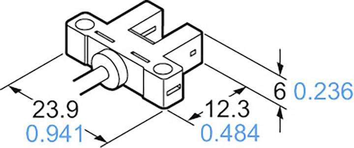 Technische Zeichnung eines Bauteils mit Abmessungen: Breite 23,9 mm, Tiefe 12,3 mm, Höhe 6 mm.