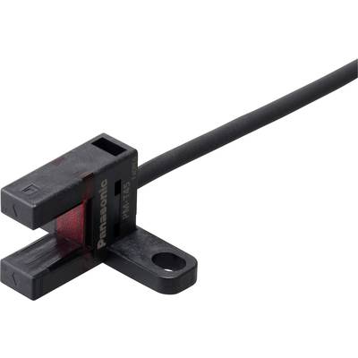 'Schwarzer optoelektronischer Sensor mit rotem Licht, montiert auf Halterung. Markierung: Panasonic PV-T45.'
