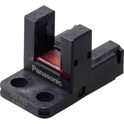 Ein schwarzer Kunststoffsensor von Panasonic mit sichtbarer roter Lichtschranke, verwendet zur Erkennung von Objekten in der Automatisierungstechnik.