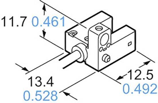 Konstruktionszeichnung eines Sensors mit Abmessungen: Länge 13,4 mm, Breite 11,7 mm, Höhe 12,5 mm. Maße sind in Blau markiert.