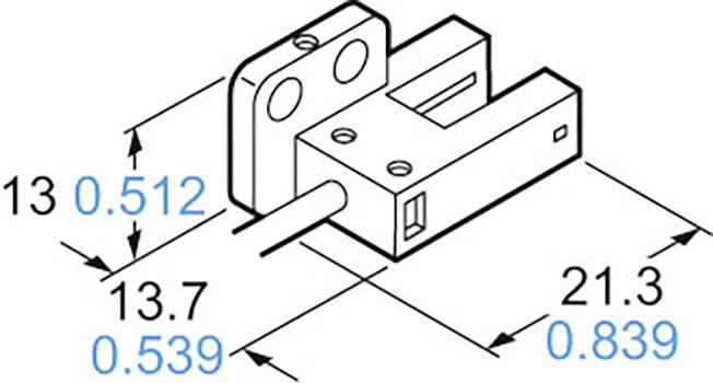 Technische Zeichnung eines rechteckigen Bauteils mit den Maßen: 13x13.7x21.3. Blaue Zahlen geben Maße in Zoll an: 0.512, 0.539, 0.839.