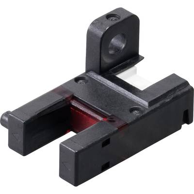 Ein schwarzer optischer Sensor mit rotem Licht, der zur Positions- oder Anwesenheitserkennung in Geräten verwendet wird.