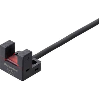 Ein schwarzer, rechteckiger Sensor von Panasonic mit rotem Lichteinsatz. Modellnummer 'PM-L25' ist sichtbar. Sensor ist angeschlossen.