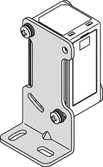 Illustration eines elektrischen Bauteils mit Metallhalterung, Schrauben und Klemmen.
