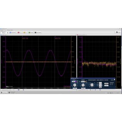 Ein Bildschirm zeigt ein Oszilloskop-Programm mit zwei Diagrammen. Links: Sinuswelle und gerader Verlauf. Rechts: Frequenzdiagramm mit Rauschen. Unten: Steuerelemente für Einstellungen.