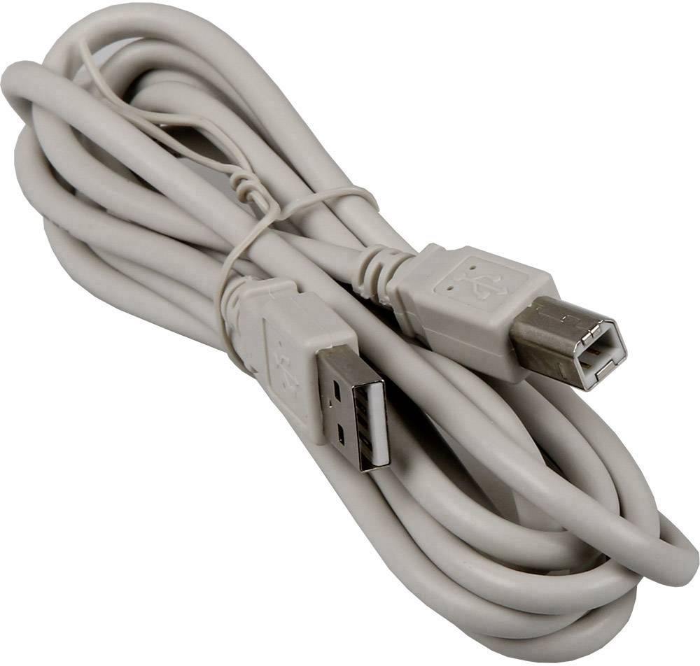 Ein zusammengerolltes, graues USB-Kabel mit einem USB-A-Stecker auf der einen Seite und einem USB-B-Stecker auf der anderen Seite.
