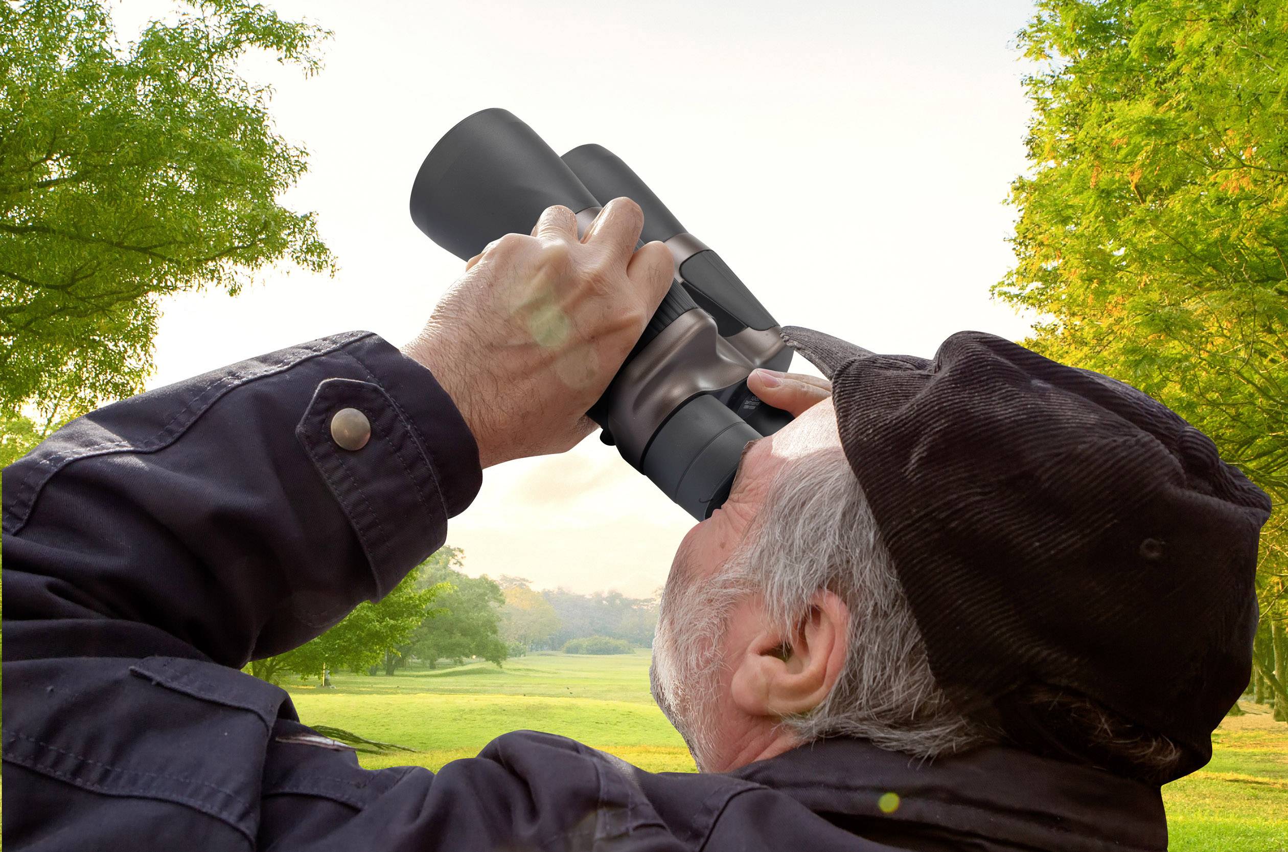 Eine ältere Person blickt durch ein Fernglas in einem grünen Park mit Bäumen und blauem Himmel.
