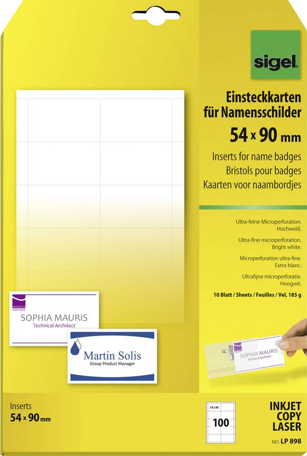 PC-Einsteckkarten für Namensschilder 54x90 A4 185g/qm weiß VE=100 Stück