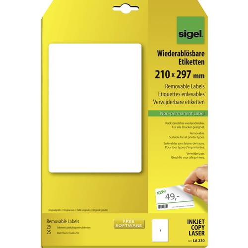 Sigel LA230 Universal-Etiketten 210 x 297 mm Papier Weiß 25 St. Wiederablösbar Tintenstrahldrucker, Laserdrucker, Farbla...