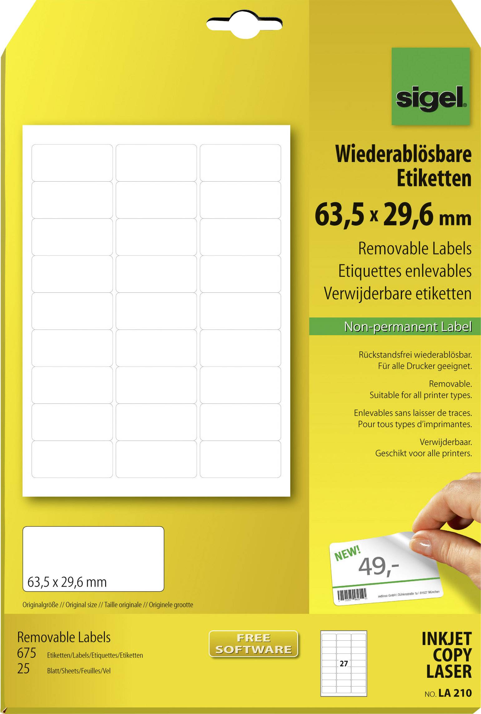 SIGEL LA210 Etiketten (A4) 63.5 x 29.6 mm Papier Weiß 675 St. Wiederablösbar Universal-Etiketten