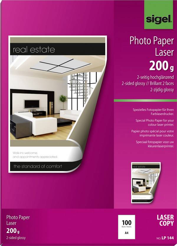 Sigel  LP144 Fotopapier DIN A4 200 g/m² 100 Blatt Beide Seiten bedruckbar, Hochglänzend, Optimiert für Laser