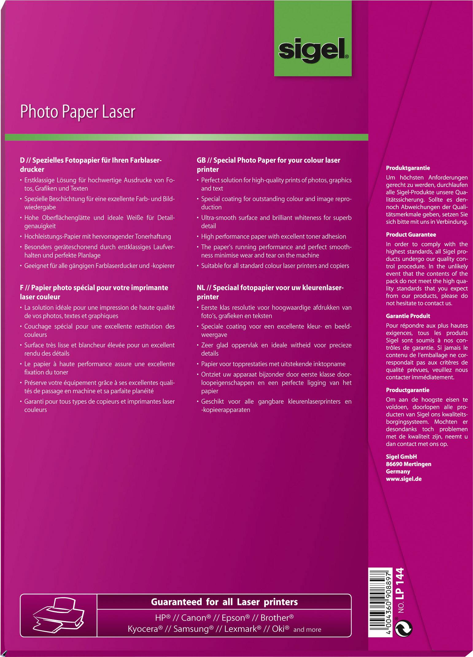 Sigel LP144 Fotopapier DIN A4 200 g/m² 100 Blatt Beide Seiten bedruckbar, Hochglänzend, Optimiert für Laser-1