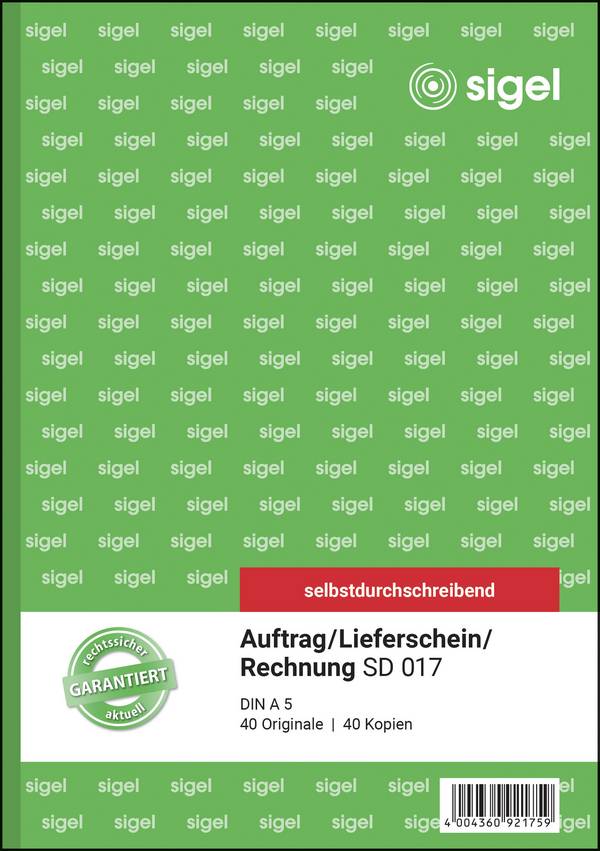 Sigel Auftrag/Lieferschein/Rechnungsformular SD017 DIN A5 hoch Anzahl der Blätter: 40