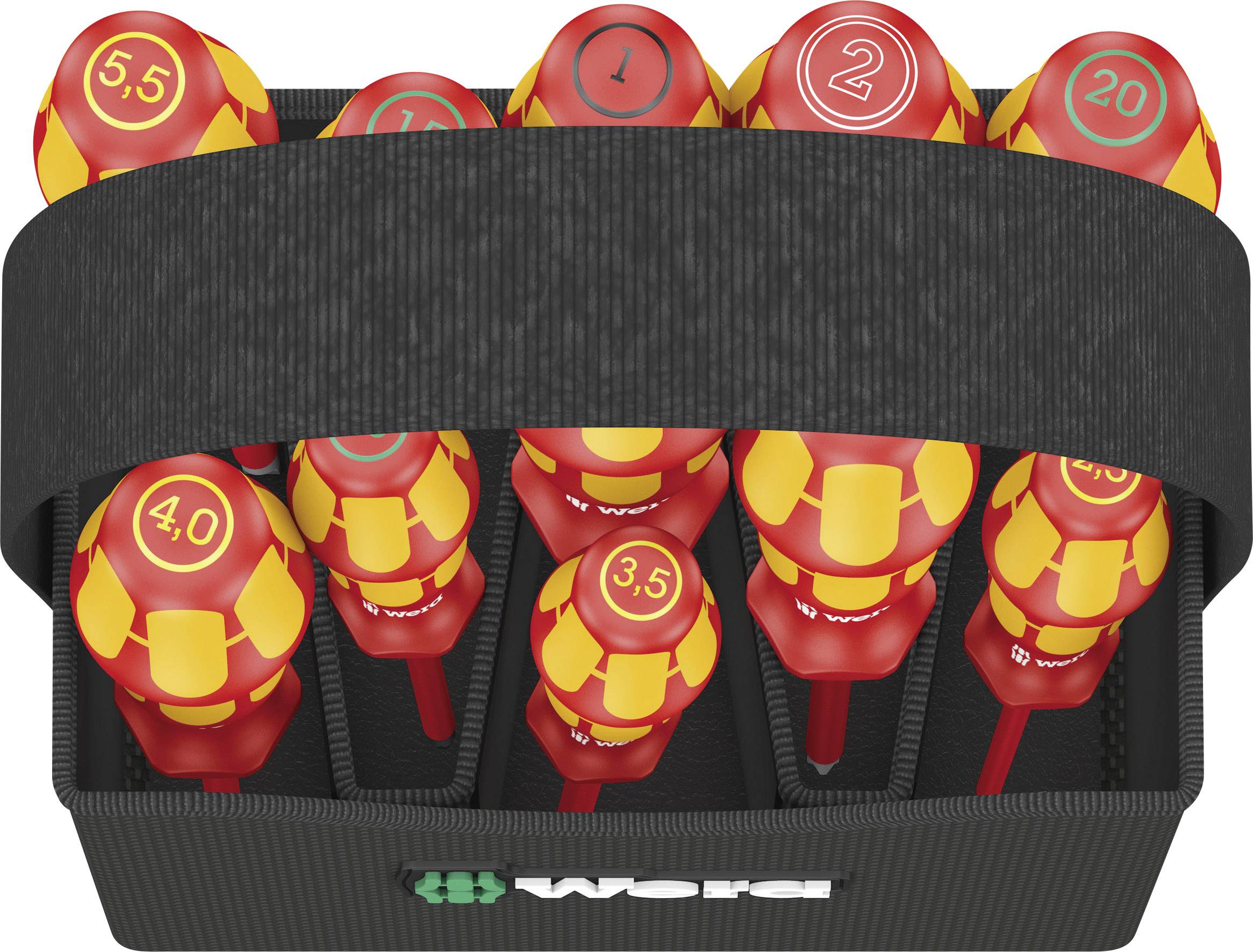 Neun Schraubenzieher in einem schwarzen Halter mit verschiedenen Größen und roten Griffen befinden sich in einem Werkzeugkasten.