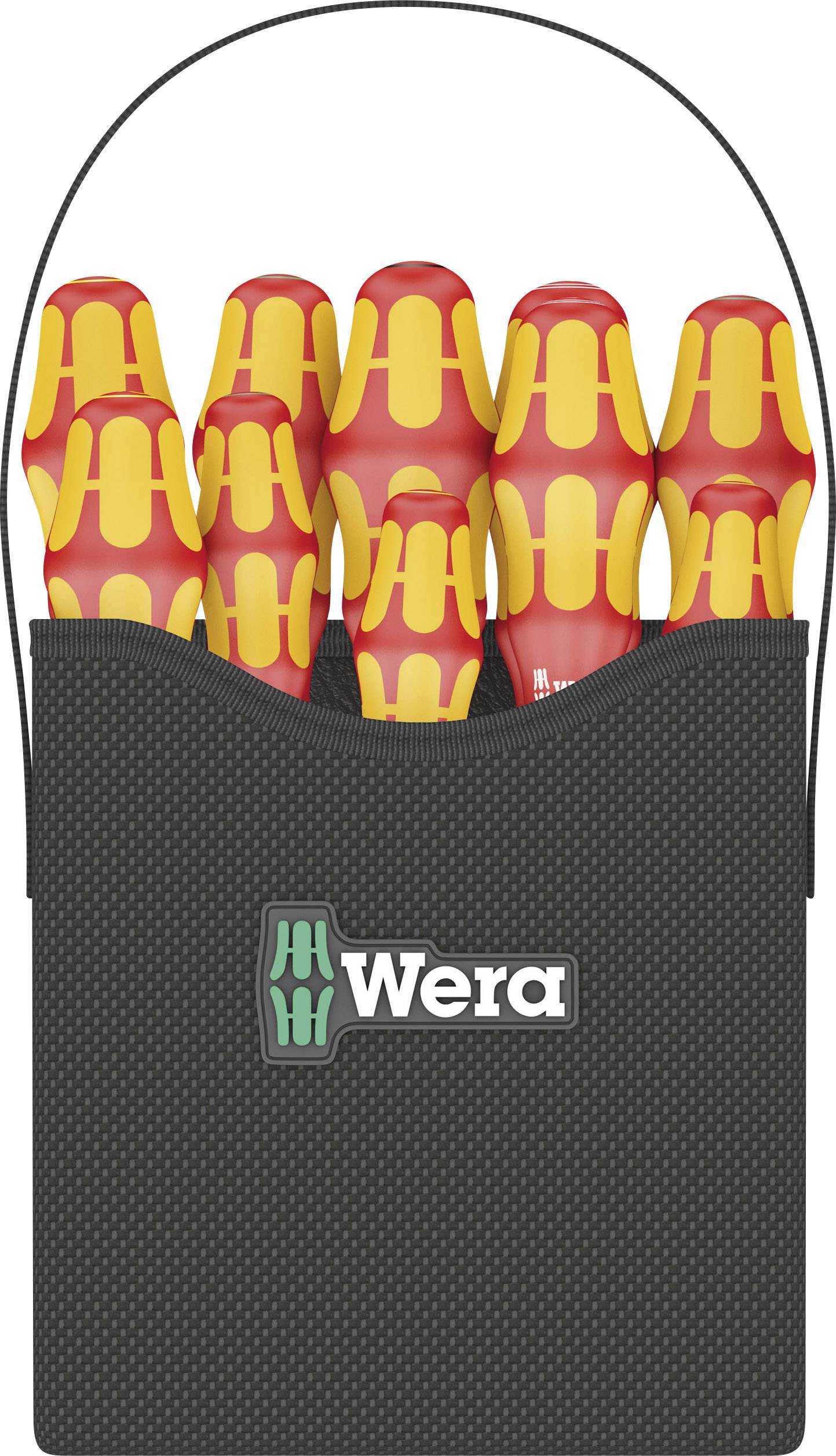 Ein Set von sechs isolierten Schraubendrehern in einem schwarzen Etui mit dem Logo 'Wera'. Die Griffe sind rot und gelb gemustert.