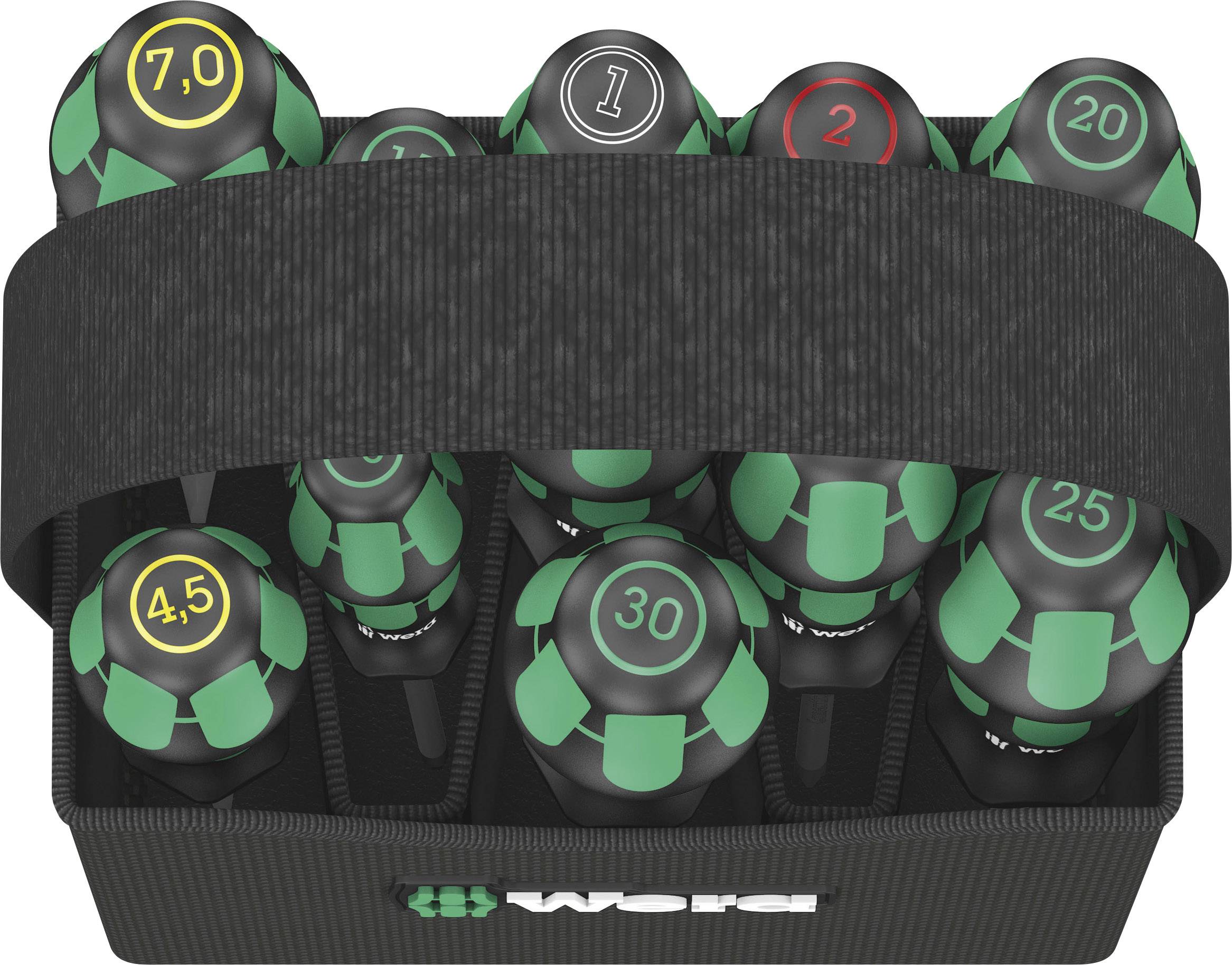 Set Schraubendreher mit mehrfarbigen Griffen in einer schwarzen Halterung. Zahlen auf den Griffen geben Größen an, wie z.B. '7,0' und '4,5'.