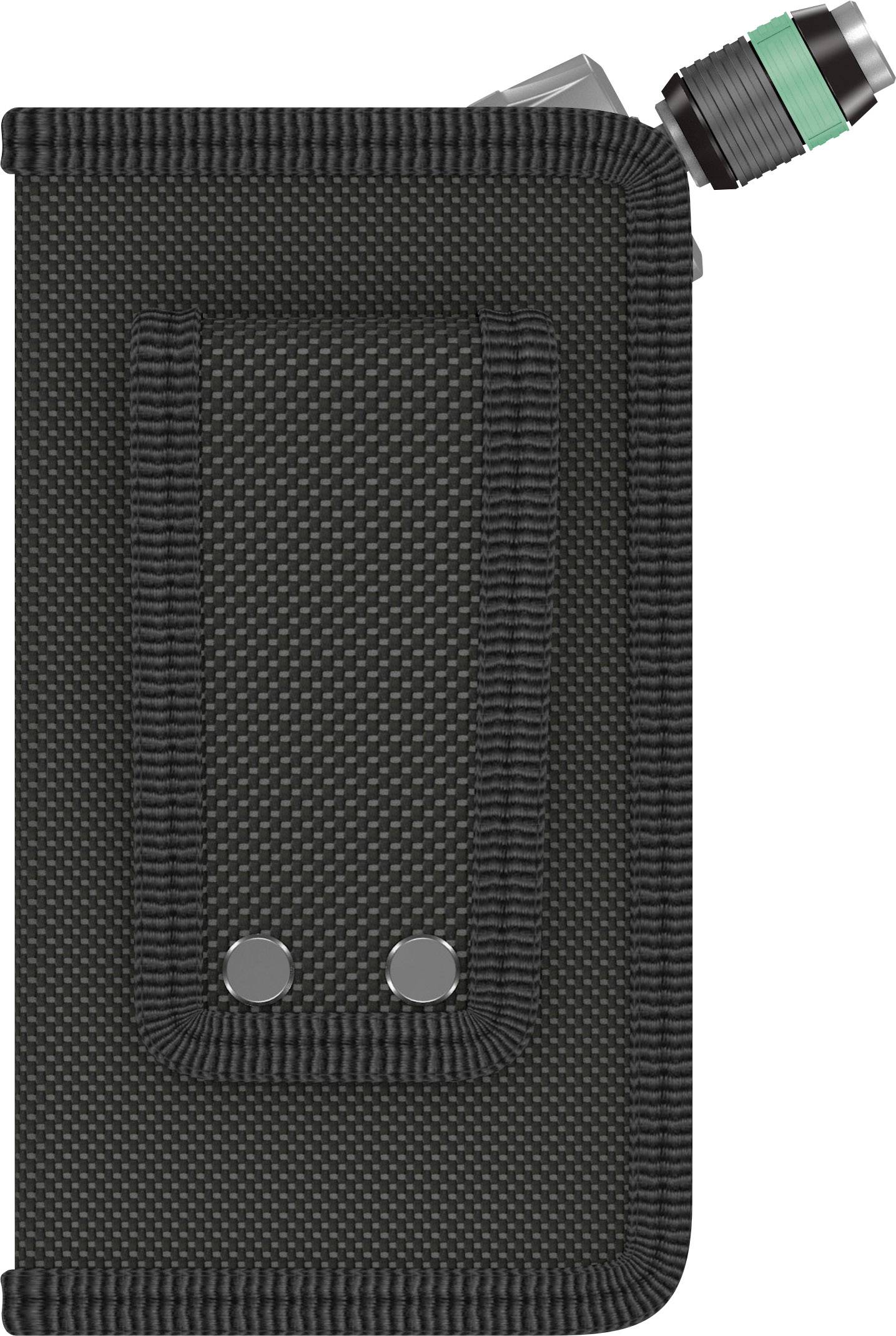 Schwarzes Textiletui mit Gürtelclip und einem verdeckten, runden Gegenstand, teilweise sichtbar mit grünem Streifen oben rechts.