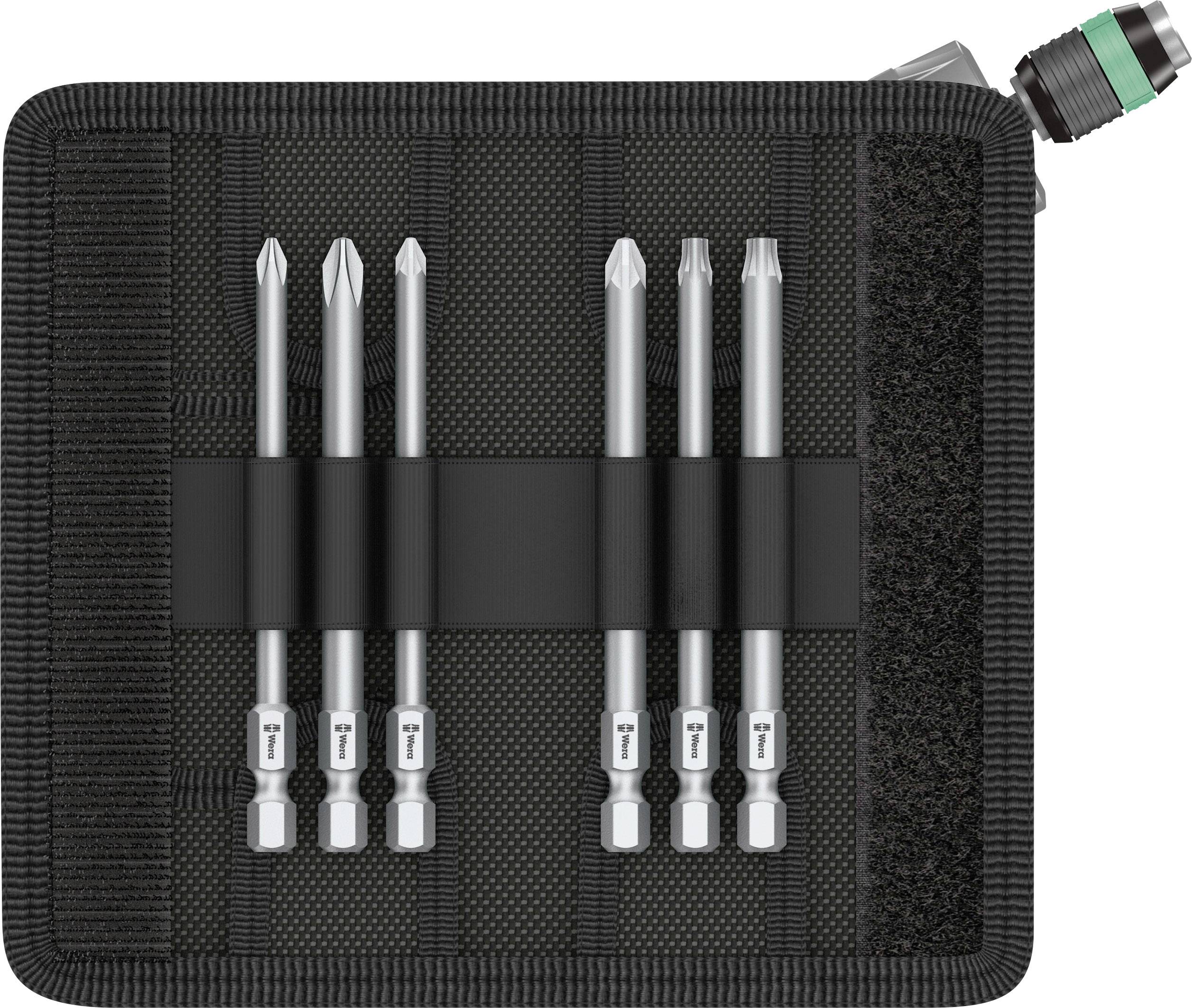 Ein Set von sechs Schraubendreher-Bits, ordentlich in einer schwarzen Halterung angeordnet.