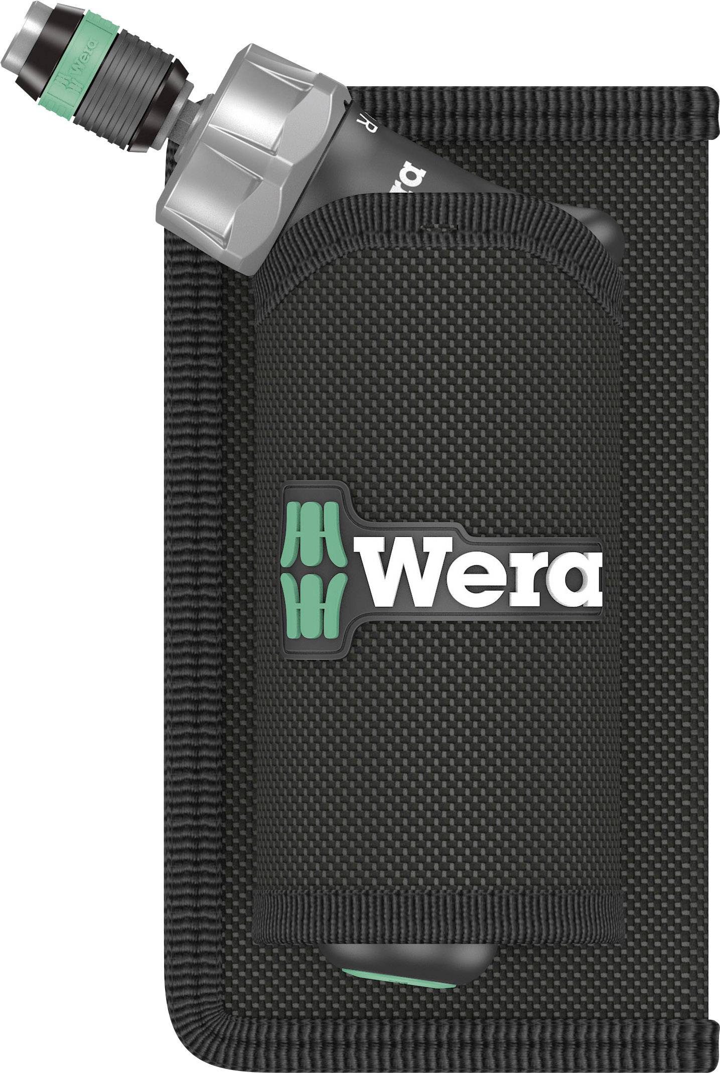 Schwarze Werkzeugtasche mit der Aufschrift 'Wera', eine grüne Gestaltung und einem silbernen Werkzeugteil, das oben herausragt.