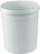Ein weißer Plastikmülleimer, zylindrisch und schlicht, steht aufrecht.