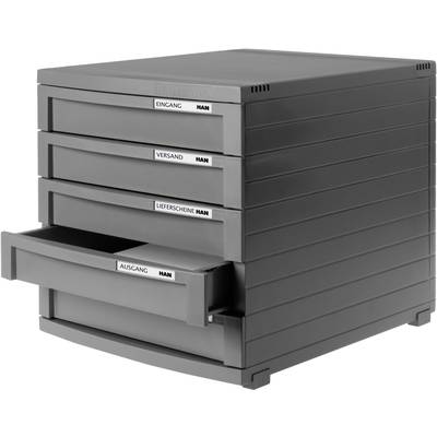 Ein graues Schubladensystem mit vier Fächern, beschriftet als 'Eingang', 'Versand', 'Lieferscheine' und 'Ausgang', das letzte Fach ist geöffnet.