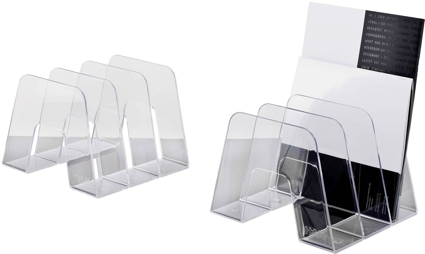 Zwei transparente Zeitschriftenhalter aus Kunststoff. Beide Modelle sind leer und stehen nebeneinander auf einer weißen Oberfläche.