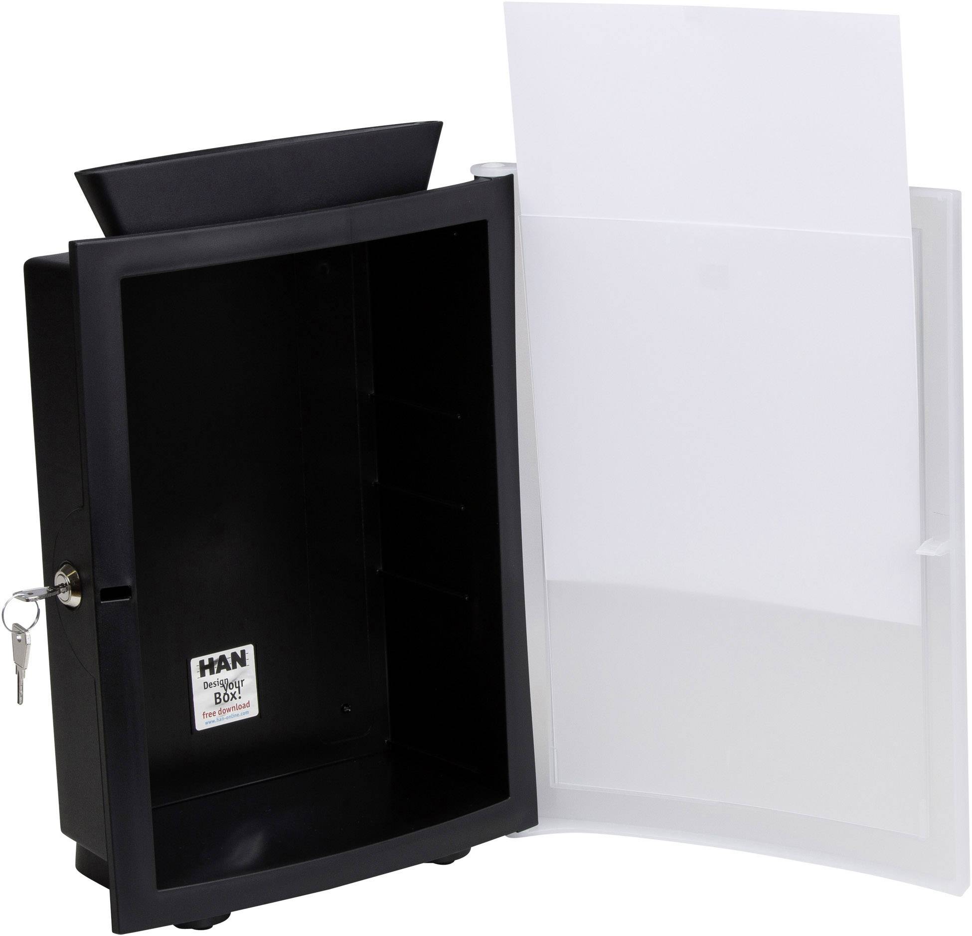 Schwarzer, leerer Schlüsselkasten mit geöffneter Tür. Ein Schloss an der Seite, Schlüssel steckt im Schloss. Marke 'HAN'.
