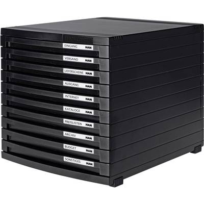 Ein schwarzer Ablagekasten mit neun beschrifteten Schubladen: 'Eingang', 'Versand', 'Lieferscheine', 'Ausgang', 'Internet', 'Kataloge', 'Pre - Listen', 'Archiv', 'Budget', 'Sonstiges'.
