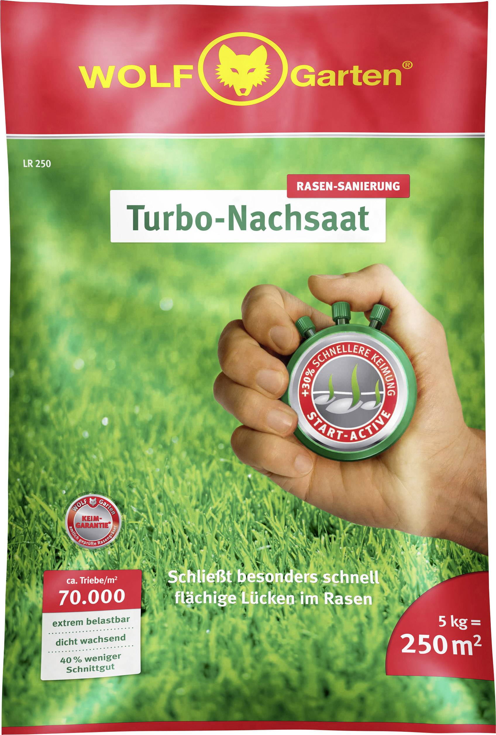 Samentüte von WOLF Garten, 'Turbo-Nachsaat' für Rasenreparatur, abgebildet im grünen Gras, 5 kg packt 250 m².