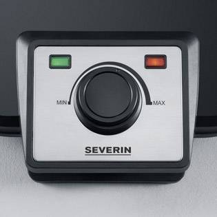 'SEVERIN' Gerät mit Drehknopf, zeigt Min- und Max-Einstellungen. Zwei Kontrollleuchten, grün und rot, zur Statusanzeige.
