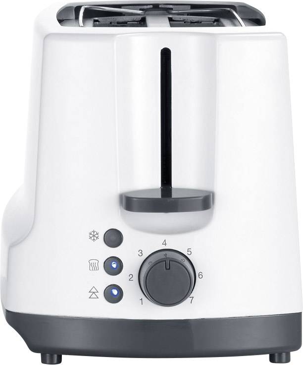 Weißer Toaster mit zwei Toastschlitzen, Drehknopf zur Bräunungsstufeneinstellung von 1 bis 6 und drei Funktionstasten.