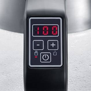 Ein digitales Display auf einem Haushaltsgerät zeigt die Zahl '100'. Darunter sind Symbole für Temperatur und Timer zu sehen.