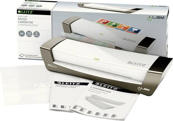 'Leitz Office Laminator'. Weißer Laminiergerät für A4-Format, mit Zubehör, in Originalverpackung. Geeignet für Bürogebrauch.