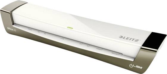 Ein weißer und goldener Papierlocher der Marke 'Leitz'. Flaches Design mit grüner LED-Anzeige, geeignet für Büroanwendungen.