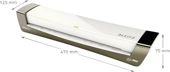 'Leitz Office Laminator' in Weiß und Silber, Maße: 125 mm x 470 mm x 75 mm.
