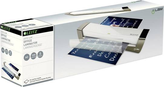 Eine Schachtel mit einem Leitz Office Laminiergerät, das ein Dokument laminiert. Verpackung zeigt das Gerät und technische Details.