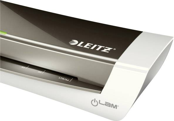 Heißlaminator von Leitz mit Schriftzug auf der Oberseite, weiß und grau, geeignet für A4-Dokumente, mit Einstellungsleiste für verschiedene Folienstärken.