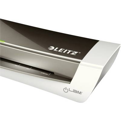 Heißlaminator von Leitz mit Schriftzug auf der Oberseite, weiß und grau, geeignet für A4-Dokumente, mit Einstellungsleiste für verschiedene Folienstärken.