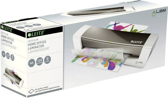 Verpackung eines Leitz Home Office Laminiergeräts. Abgebildet ist das Gerät im Einsatz mit bunten Folien. Größe: A4.