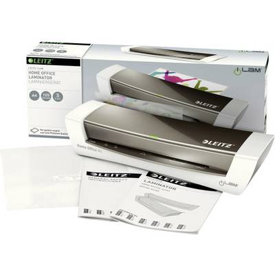 Die Verpackung zeigt einen Leitz Home Office Laminator inklusive Bedienungsanleitung und laminierten Beispielen.