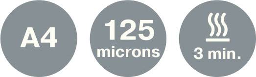 Drei graue Kreise mit Text: 'A4', '125 microns', und Symbol für '3 min.' zeigt Laminieranforderungen.