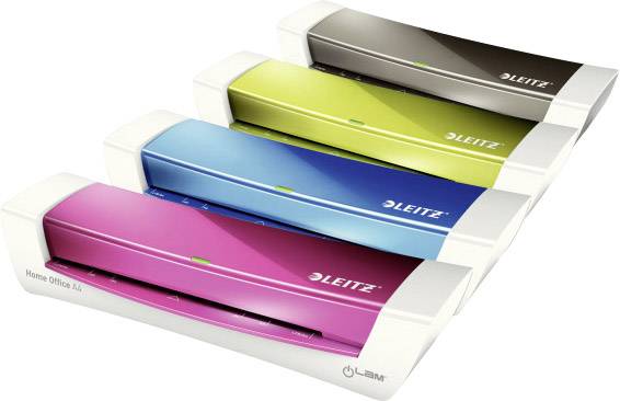 Vier Laminiergeräte in Pink, Blau, Grün und Grau, aufgereiht in einer Schrägperspektive. Markenname 'Leitz' auf jedem Gerät sichtbar.