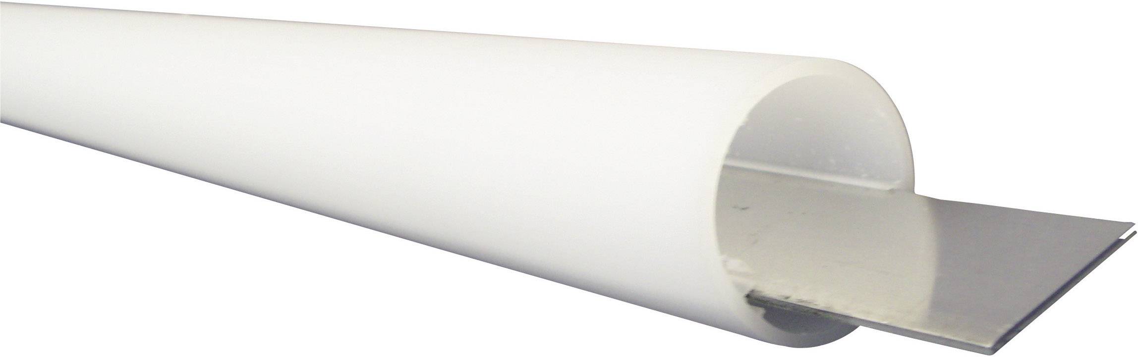 Ein weißer, halbrunder Kabelkanal mit einem herausragenden Metallblech. Verwendung für schützende Kabelverlegung.