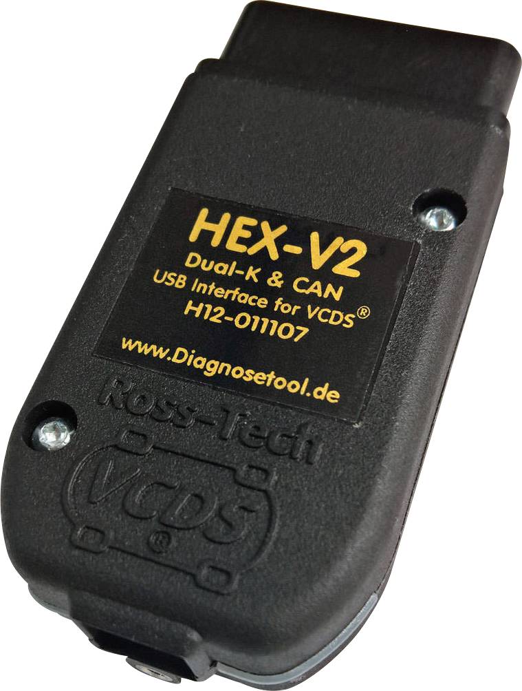 Ein schwarzer Stecker mit der Aufschrift 'HEX-V2 Dual-K & CAN USB Interface for VCDS' und einer Webadresse 'www.Diagnosetool.de'.